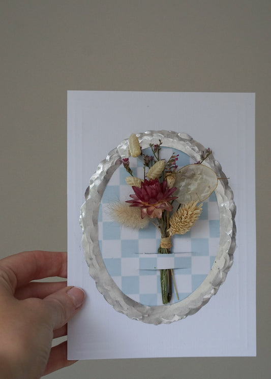 Luxury Handmade Dried Flower Bouquet Greeting Card - Silver Frame Blue Chequered