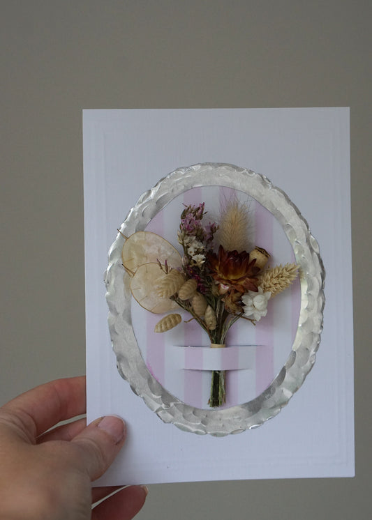 Luxury Handmade Dried Flower Bouquet Greeting Card - Silver Frame Pink Stripes